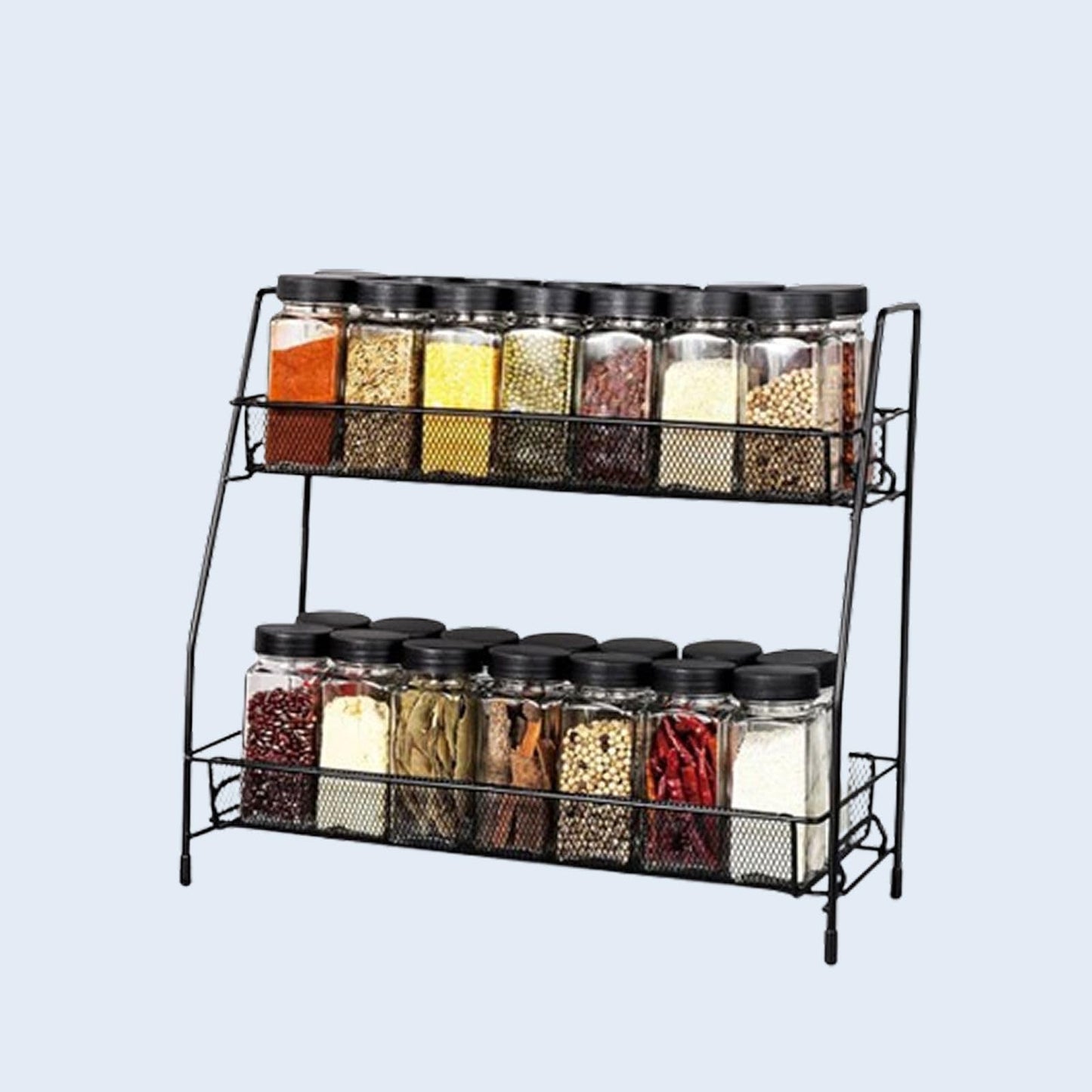Platina 2-Tier Metal Spice Rack Organizer, Black Iron Mesh Storage Stand with Double Shelves for Kitchen Counter