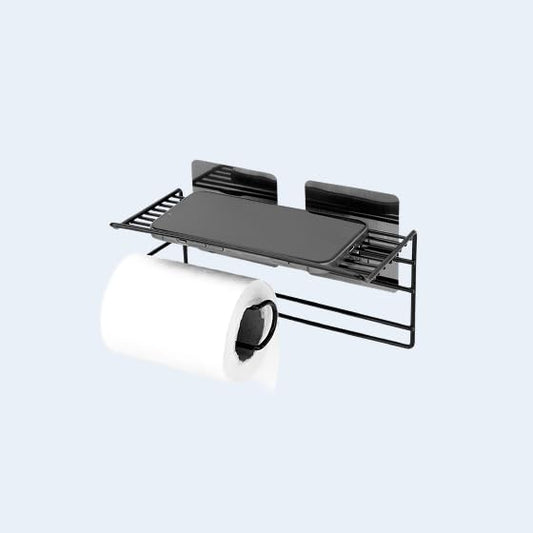 Wall-Mounted Bathroom Organizer, Black Iron Toilet Paper Holder with Phone Shelf, Metal Storage Rack for Bathroom