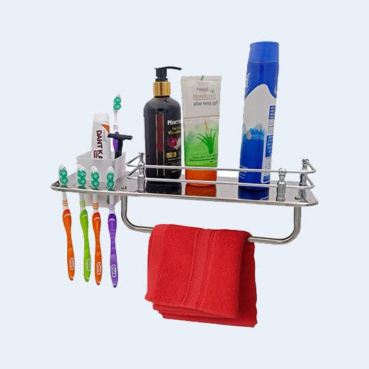 Bathroom Wall Mount Storage Shelf, Stainless Steel Toothbrush Holder with Towel Bar