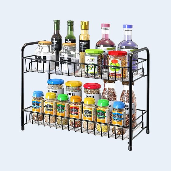 Multi-Use Spice Rack Organizer – 2 Tier Countertop Storage Shelf for Kitchen, Bathroom, Pantry – Bronze Metal Stand for Spices, Jars, Toiletries, Coffee, Makeup & Condiments – Platina Premium LLC