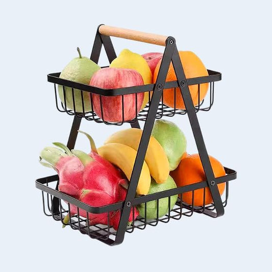 Platina 2 Tier Metal Fruit Holder Swing Basket for Kitchen | Detachable Countertop Vegetables Storage Organizer with Display Hammock Stand for Farmhouse, Living Room, Dining Room