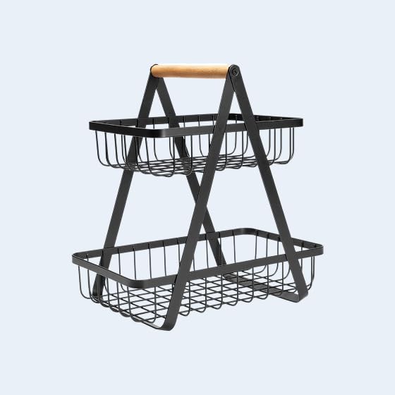 Platina 2 Tier Metal Fruit Holder Swing Basket for Kitchen | Detachable Countertop Vegetables Storage Organizer with Display Hammock Stand for Farmhouse, Living Room, Dining Room