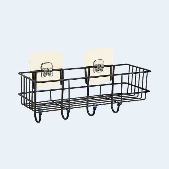 Platina Wall Mounted Iron Bathroom Shelf with Towel Bar Hooks, Black Metal Storage Rack, Toilet Paper Holder, Multi-Function Organizer