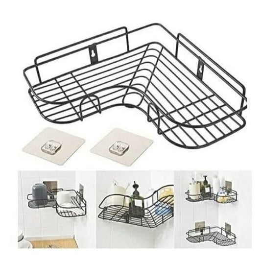 Platina Iron Corner Shower Caddy, Black Metal Bathroom Storage Shelf, Wall Mounted Organizer with Adhesive Hooks, 2-Tier