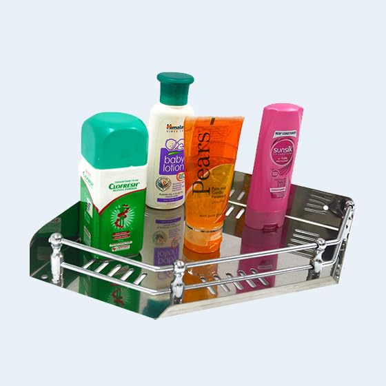 Stainless Steel Corner Shelf, Diamond-Shaped Bathroom Organizer, Multipurpose Storage Rack with Rail