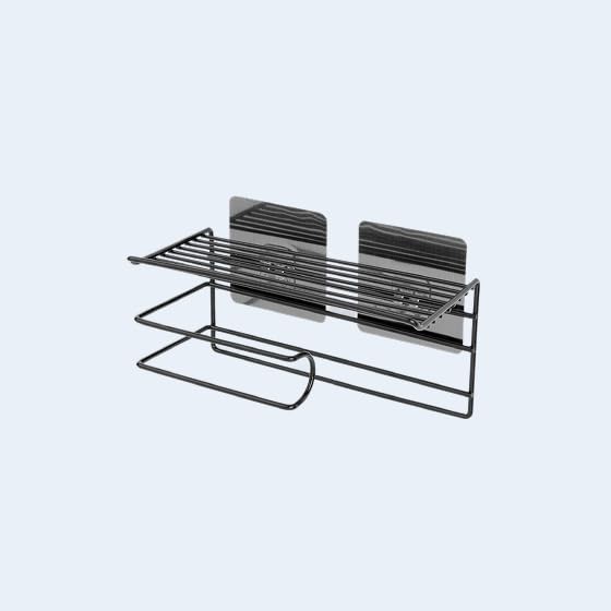 Wall-Mounted Bathroom Organizer, Black Iron Toilet Paper Holder with Phone Shelf, Metal Storage Rack for Bathroom