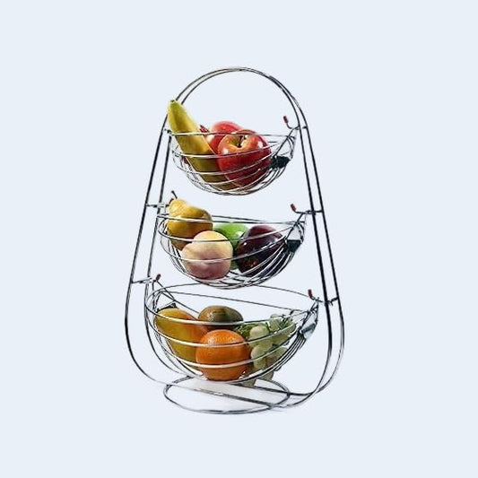 3-Tier Chrome Wire Fruit Basket Stand, Countertop Produce Storage Organizer, Swing Design