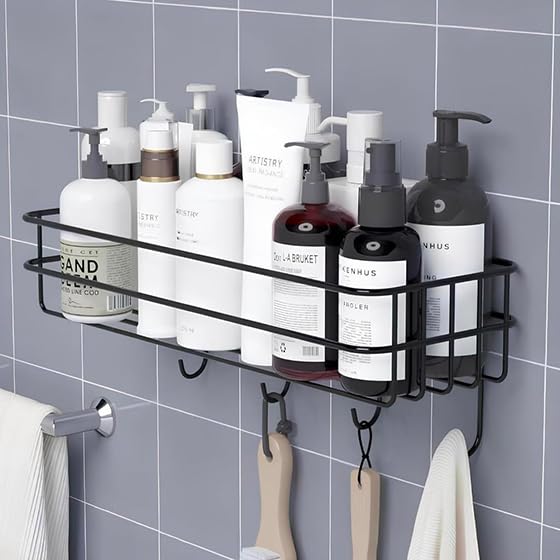 Platina Wall Mounted Iron Bathroom Shelf with Towel Bar Hooks, Black Metal Storage Rack, Toilet Paper Holder, Multi-Function Organizer